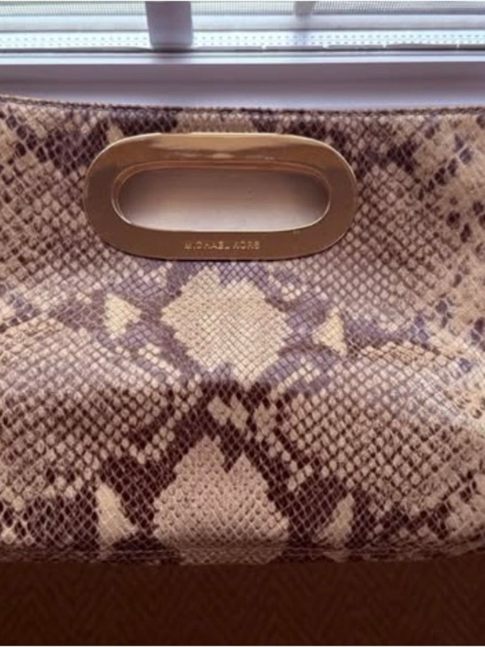 Michael Kors Snake-Print Clutch in Beige and Brown with Gold-Tone Handle